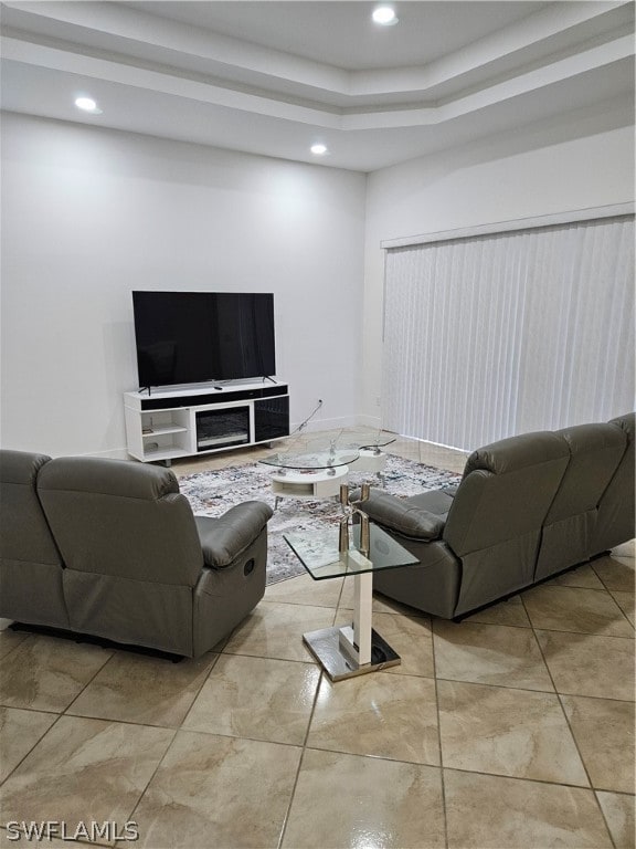 living room featuring tile floors