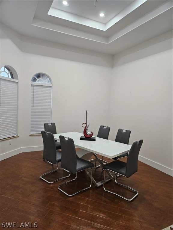 office area featuring wood-type flooring and a raised ceiling