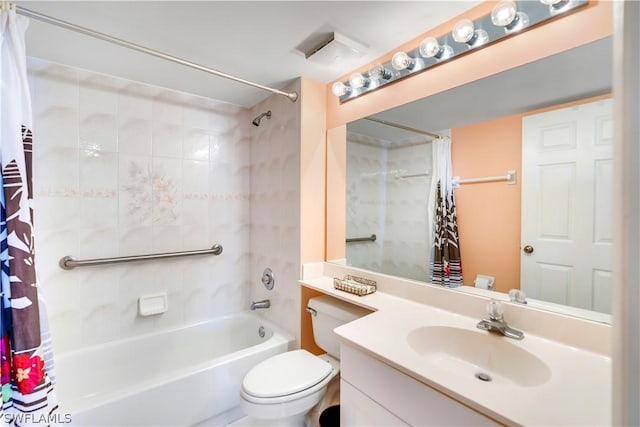 full bathroom with shower / bath combo, vanity, and toilet