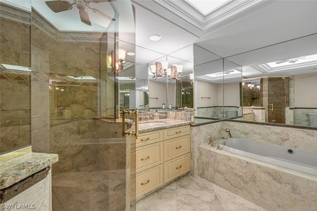 bathroom with ornamental molding, tile walls, plus walk in shower, and vanity