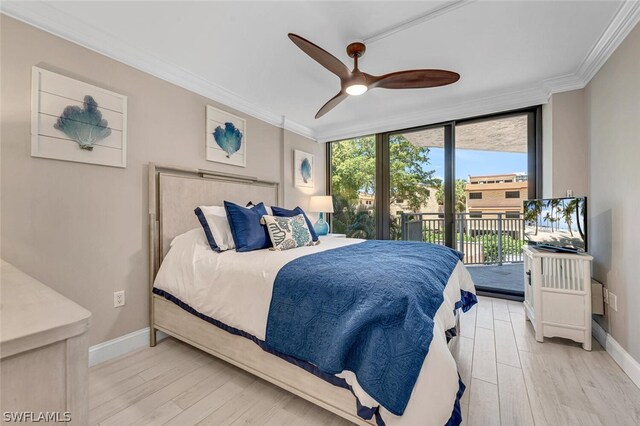 bedroom with ceiling fan, ornamental molding, access to exterior, floor to ceiling windows, and light hardwood / wood-style flooring