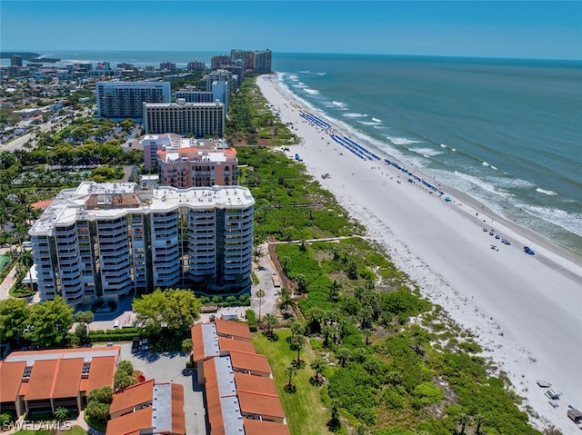 aerial view featuring a beach view and a water view