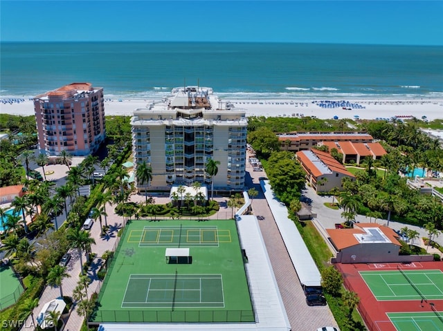 aerial view featuring a water view and a view of the beach