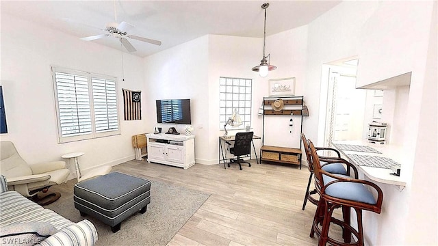 living room with ceiling fan and light hardwood / wood-style flooring