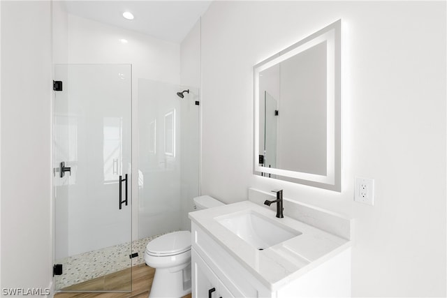 bathroom with vanity, an enclosed shower, and toilet