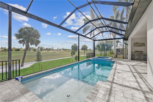 view of pool featuring a patio, a lanai, a yard, and grilling area