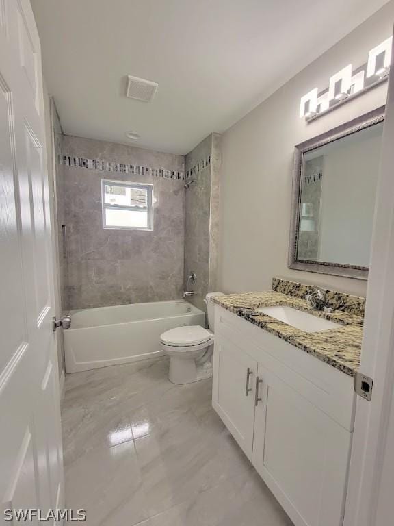 bathroom featuring shower / tub combination, toilet, visible vents, vanity, and marble finish floor