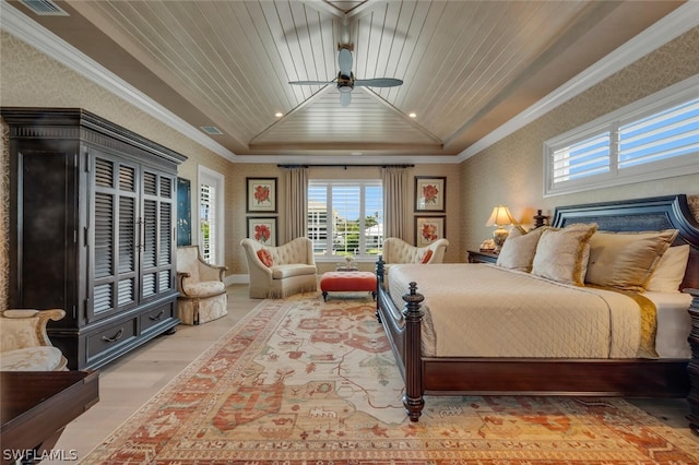 bedroom with ornamental molding, wood ceiling, a raised ceiling, and visible vents