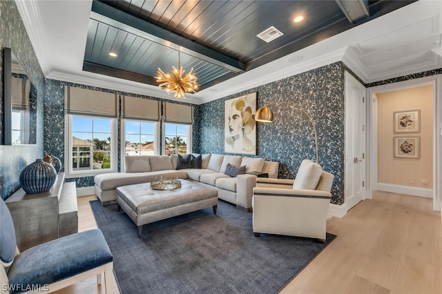 living area featuring crown molding, visible vents, a chandelier, baseboards, and wallpapered walls