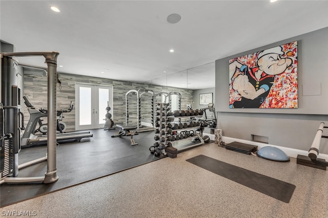 exercise room with baseboards, french doors, and recessed lighting