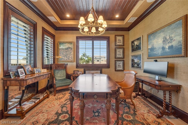 office space with visible vents, wood ceiling, a tray ceiling, crown molding, and a notable chandelier