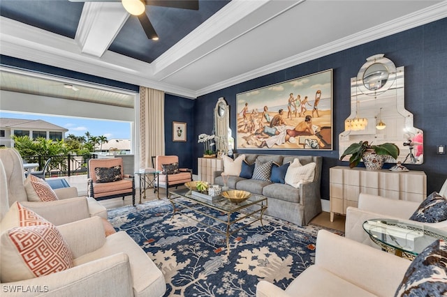 living area with a ceiling fan, coffered ceiling, beam ceiling, and crown molding