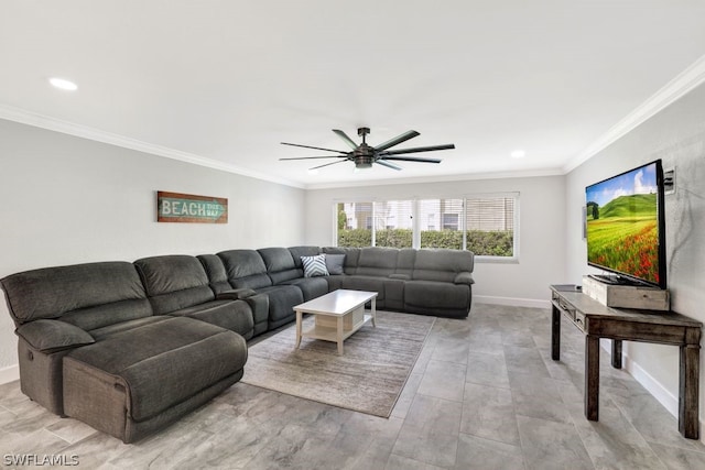 living room with ceiling fan and crown molding