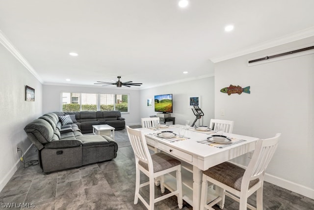 dining room with ceiling fan and crown molding