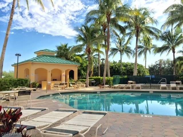 view of swimming pool with a patio and a gazebo