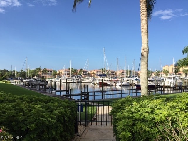 dock area with a water view