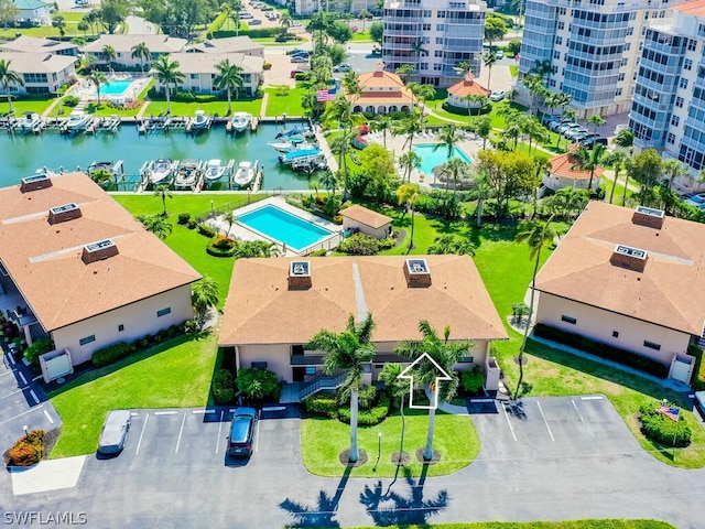 drone / aerial view with a water view