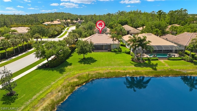 drone / aerial view featuring a water view