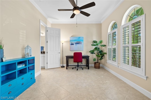 office area featuring ornamental molding, light tile patterned flooring, and ceiling fan