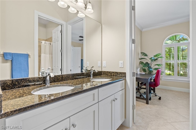 bathroom featuring crown molding, vanity, curtained shower, and tile patterned flooring