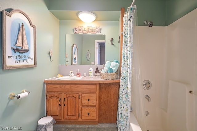 bathroom featuring shower / tub combo, tile floors, and large vanity