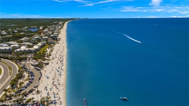 aerial view with a water view and a beach view