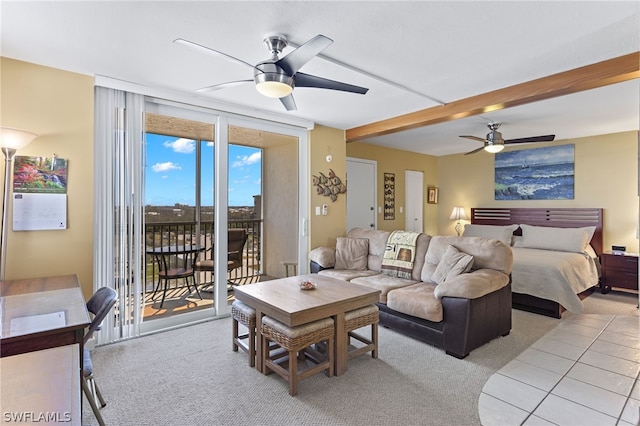 living room featuring ceiling fan, beamed ceiling, and light tile floors