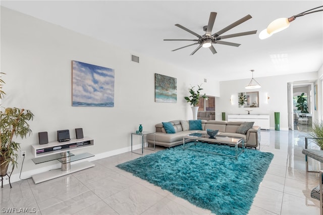 living room with ceiling fan