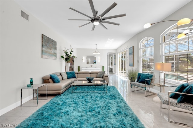 living room with ceiling fan