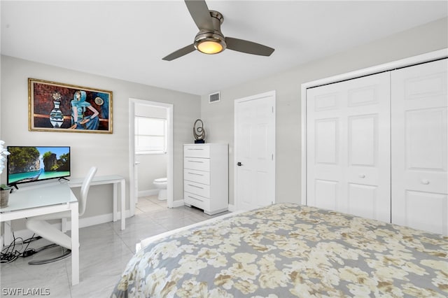 bedroom featuring connected bathroom and ceiling fan