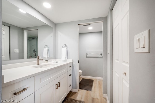 bathroom featuring toilet, vanity, and wood-type flooring