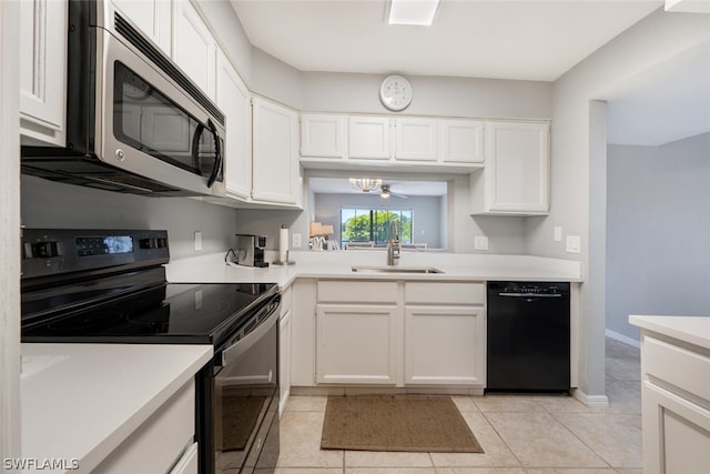 kitchen with white cabinetry, light tile flooring, sink, dishwasher, and electric range oven