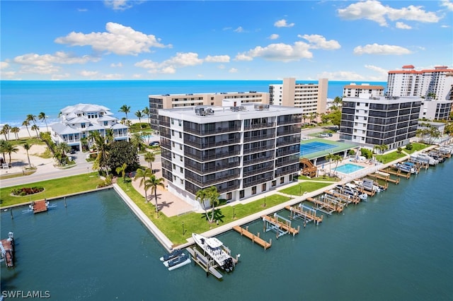 aerial view featuring a water view