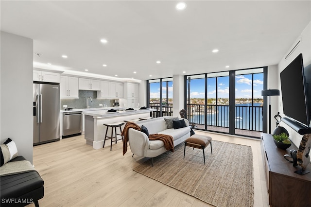 living room with sink, a wall of windows, and light hardwood / wood-style flooring