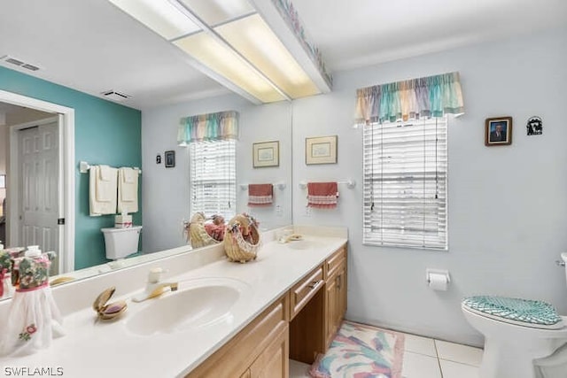 bathroom with toilet, tile patterned flooring, and vanity