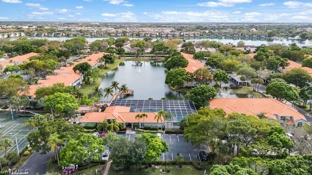 aerial view featuring a water view