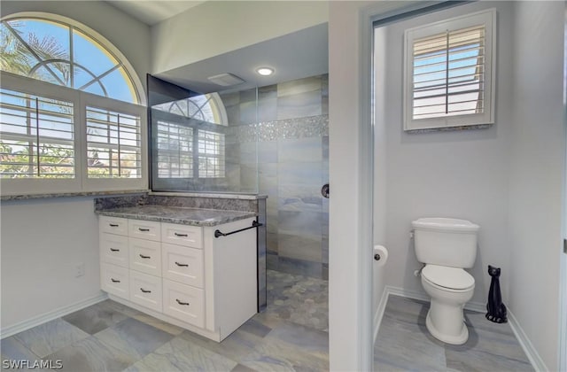 bathroom with toilet, a healthy amount of sunlight, and a tile shower