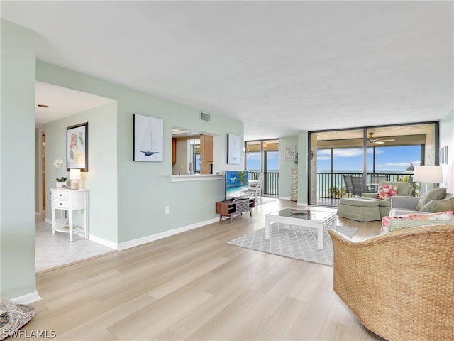 living room featuring light hardwood / wood-style flooring and expansive windows