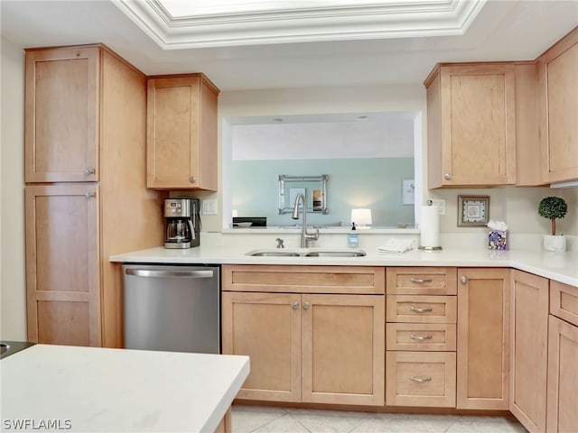 kitchen featuring light brown cabinets, dishwasher, light tile floors, and sink