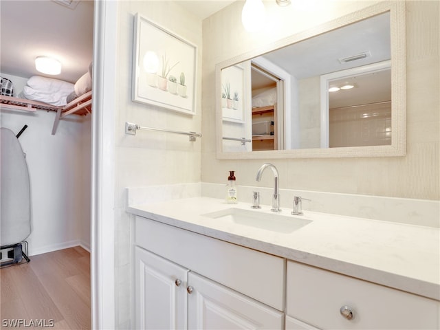 bathroom with wood-type flooring and vanity