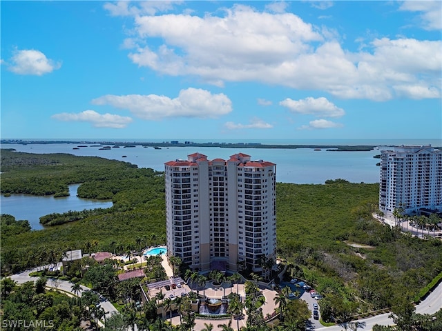 aerial view featuring a water view