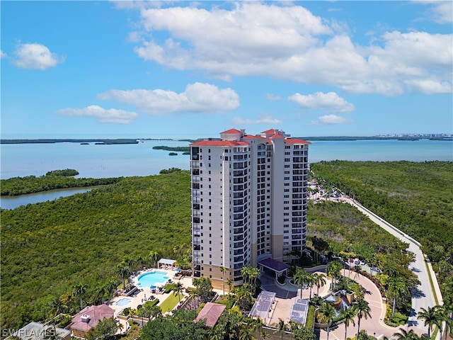 bird's eye view with a water view