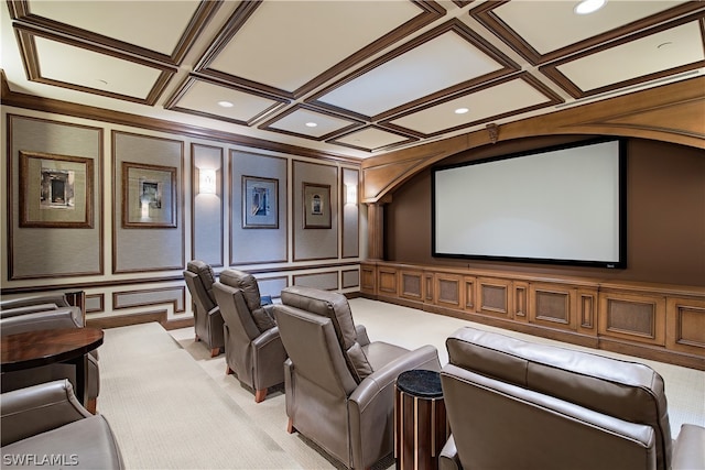 cinema featuring beam ceiling, light colored carpet, and coffered ceiling