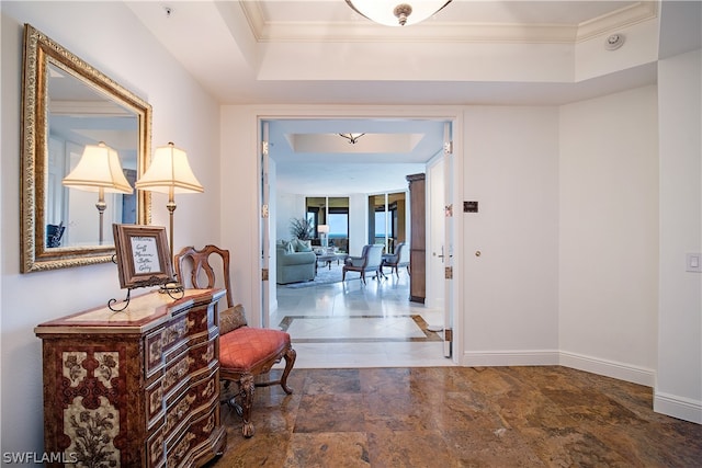 corridor with ornamental molding and a tray ceiling