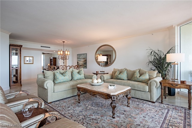 tiled living room featuring a wealth of natural light, ornamental molding, and a notable chandelier