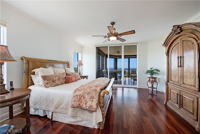 bedroom with access to exterior, dark hardwood / wood-style floors, ceiling fan, and crown molding