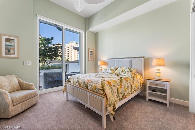 bedroom with ceiling fan, carpet floors, and access to outside