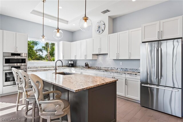 kitchen with white cabinetry, sink, stainless steel appliances, a raised ceiling, and pendant lighting