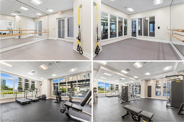 exercise room featuring a paneled ceiling and a wealth of natural light