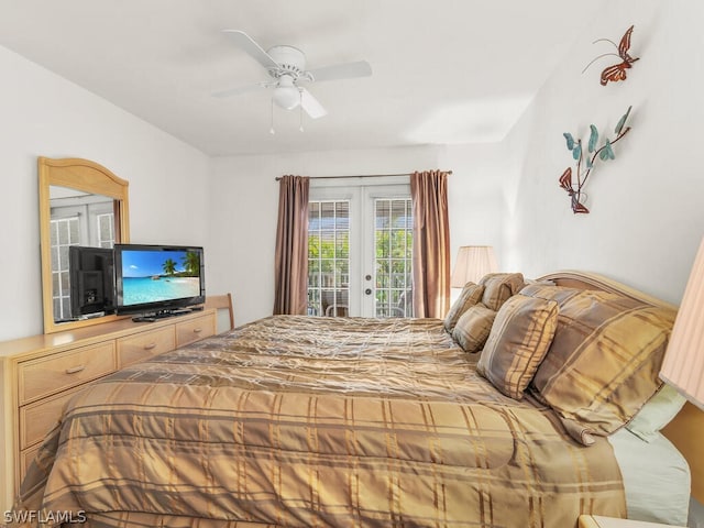 bedroom featuring french doors, access to exterior, and ceiling fan